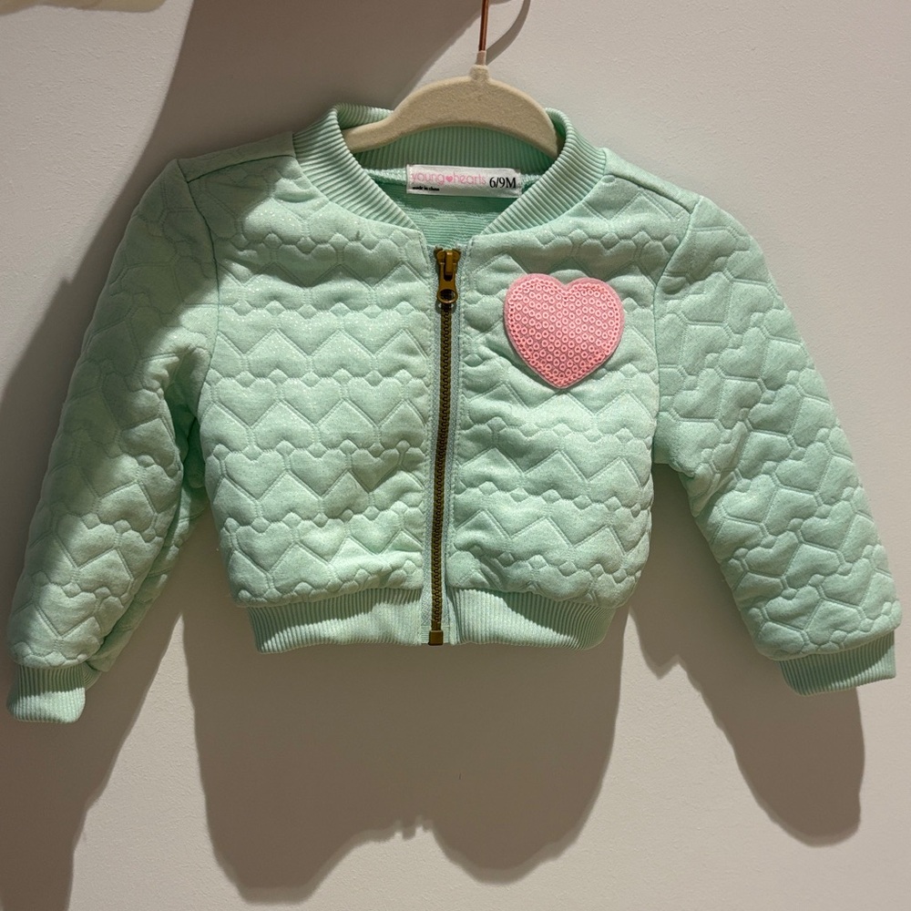 Mint Green Quilted Jacket with Pink Heart